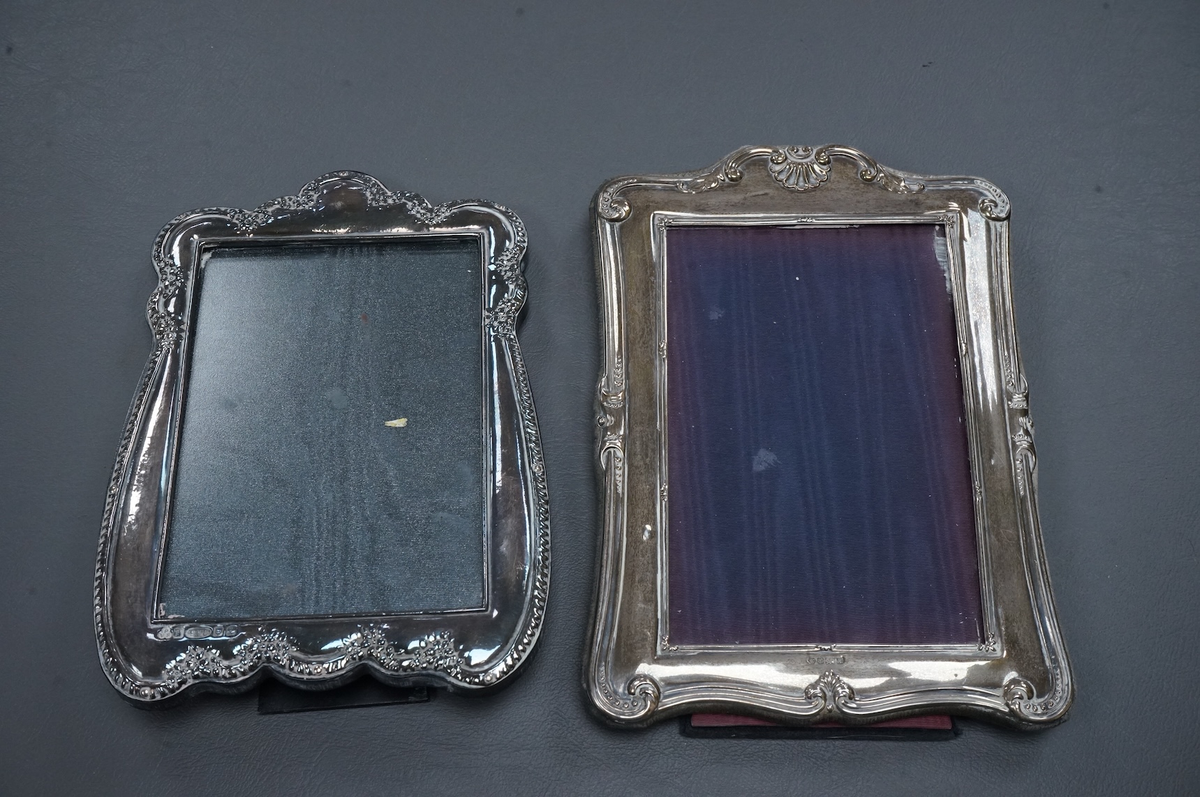 Eight assorted modern silver or sterling mounted photograph frames, including Britannia standard with heart shaped aperture, by CSR Ltd, London, 1981, 12.5cm.